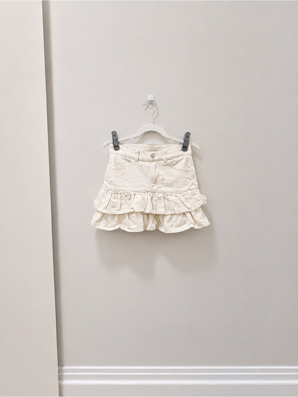 H&M Cream Denim-Style Mini Skirt with Ruffle Hem